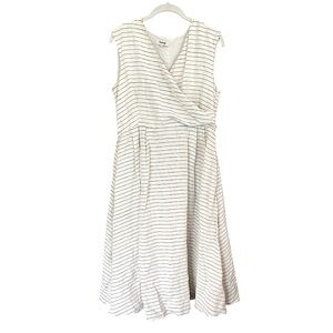 Samuji Linen Silk White Faux Wrap MIDI Dress with Blue Stripes and Full Skirt 40